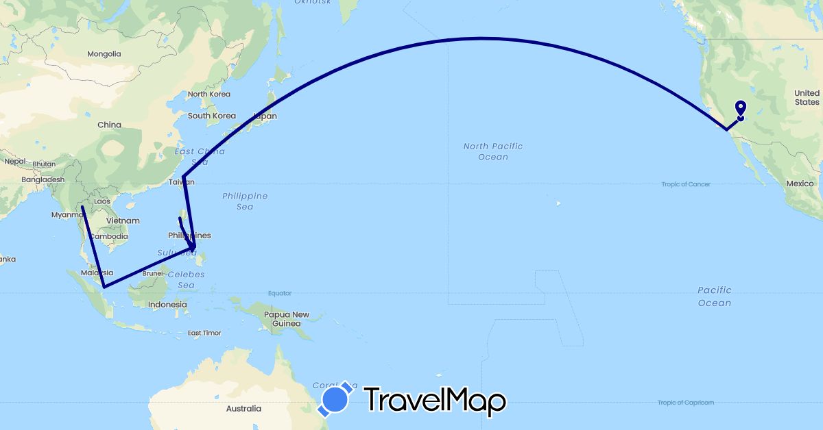 TravelMap itinerary: driving in Philippines, Singapore, Thailand, Taiwan, United States (Asia, North America)
